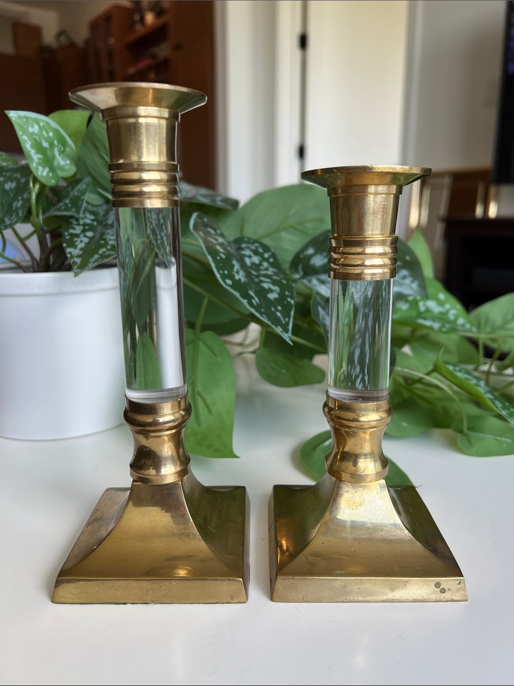 Vintage Brass Lucite Candle Holders Pair Set of 2 - Picture 4 of 15